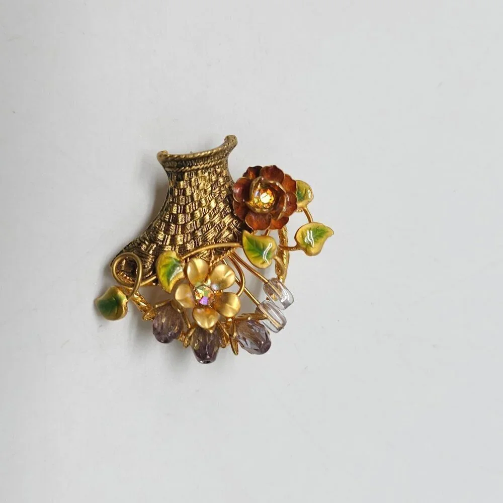 Vintage Floral Basket Brooch With Rhinestone Accents Enamel Details